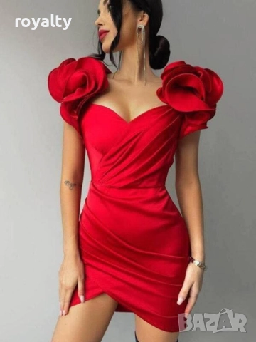 Официална къса червена сатенена рокля 