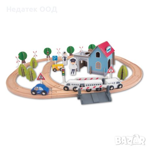 Влакче със гара и аксесоари, Дървено, 65 бр