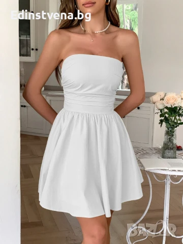Дамска елегантна бяла къса рокля без презрамки, с голяма панделка на гърба, снимка 3 - Рокли - 50820049