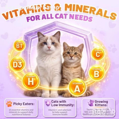 Нови Витамини за котки 15 в 1 с Омега 3 за кожа козина и имунитет 500 хапки пиле , снимка 5 - За котки - 54128971