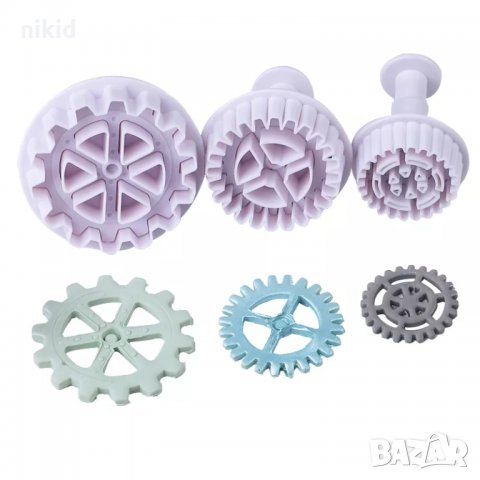 3 бр Малки Зъбни колела гуми пластмасови форми резци с бутало за тесто фондан украса, снимка 2 - Други - 29198001