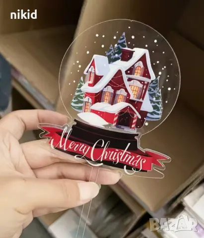 Коледна зимна къща топка преспапие пластмасов акрил Коледен топер украса за торта Нова Година Коледа, снимка 2 - Други - 48630244