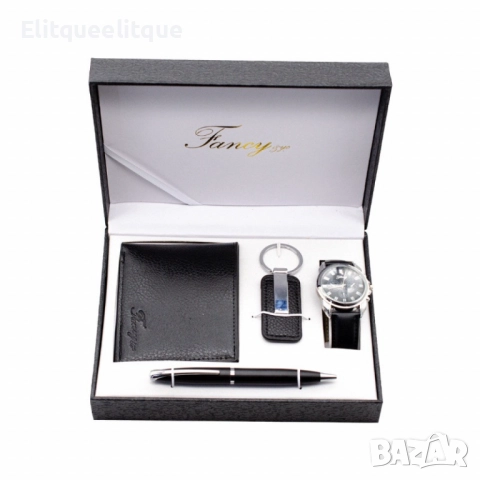 Елегантен мъжки комплект – Часовник, портфейл, химикал и ключодържател, снимка 2 - Бижутерийни комплекти - 52333641