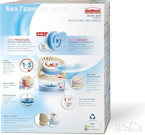 Нов Влагоабсорбатор против конденз и влага UniBond Aero 360 с таблетка 450 г, снимка 3 - Други стоки за дома - 54223071