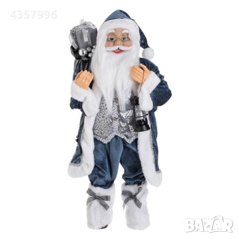 Коледна фигура Дядо Коледа със синьо облекло, фенер и чувал, 60cм