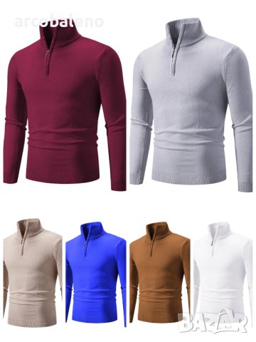 Мъжки ежедневен едноцветен пуловер с половин цип и стояща яка, 10цвята 