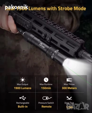 Фенерче CVLIFE-1900 лумена M-Lok монтаж, снимка 7 - Бойно оръжие - 52991667