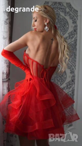 Червена Тюлена рокля с регулиращи се връзки тип корсет , снимка 3 - Рокли - 51739261