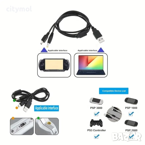 2-в-1 USB кабел за синхронизиране на данни и зареждане на PSP, 120 см, снимка 3 - Аксесоари - 51609821