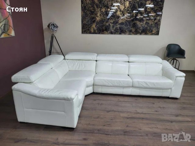 Бял ъглов кожен диван с функция сън "Clarence", снимка 6 - Дивани и мека мебел - 42486603