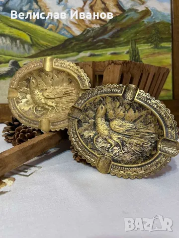 Стари месенгови пепелници с ловен мотив фазани. Отлично състояние., снимка 3 - Антикварни и старинни предмети - 48467304