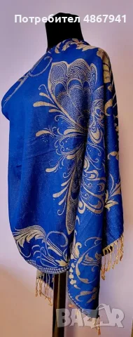 Луксозен двулицев шал Пашмина (100% Pashmina) – Кралско синьо и златисто, 170х69 см, снимка 3 - Шалове - 56149314