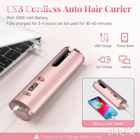 Безжична маша за къдрици, преносима автоматична маша, 6 температури и таймер, LCD дисплей, USB кабел, снимка 5 - Преси за коса - 39592041