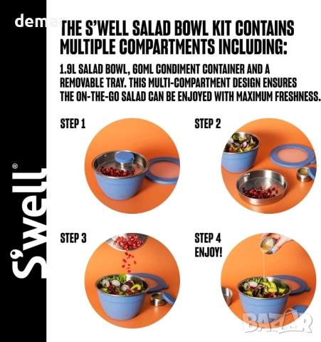 Комплект за салата S'well от неръждаема стомана - 1,9 литра, контейнер за подправки 60 мл, снимка 6 - Прибори за хранене, готвене и сервиране - 51732354