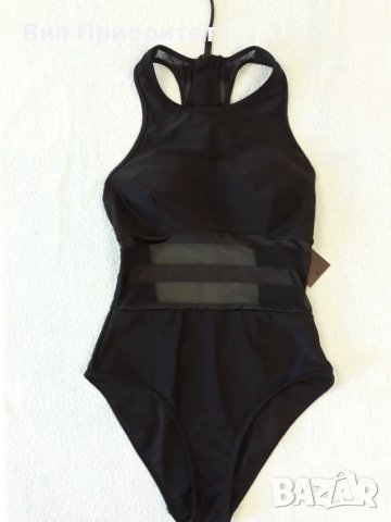 Ефектен цял бански черен с прозрачен сегмент и цип, снимка 2 - Бански костюми - 37249418