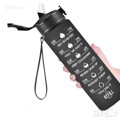 Черна мотивираща бутилка за вода 1L с почасова скала – пий вода навреме, снимка 5 - Други стоки за дома - 54216042
