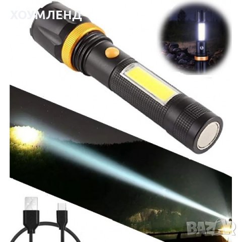 Мощен фенер 6в1 с ротациноен фокус, 300 метра обхват, магнит и странична лампа, снимка 1