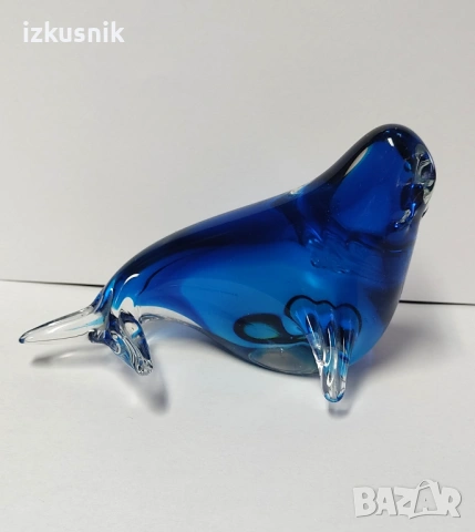 Прекрасен тюлен от масивно кобалтово стъкло, снимка 2 - Статуетки - 53034463