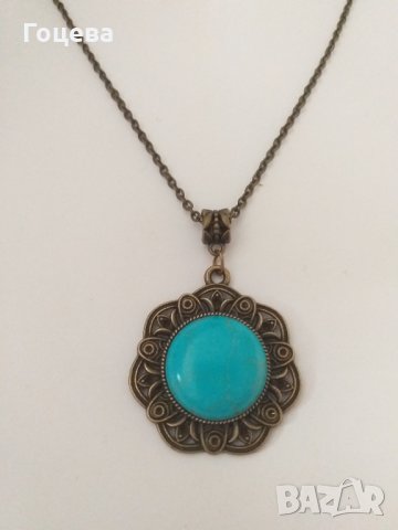 Красиво колие в старинен филигранен стил с голям Тюркоаз , снимка 3 - Колиета, медальони, синджири - 33896145