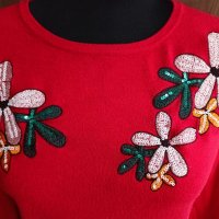Червен пуловер на цветя, снимка 6 - Блузи с дълъг ръкав и пуловери - 38732761