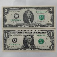 Нови (UNC)Банкноти 1и 2 Долара, снимка 1 - Нумизматика и бонистика - 44372436