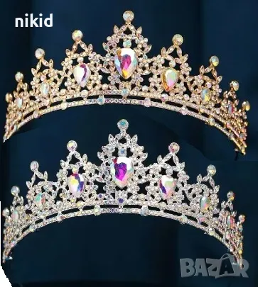 Сребриста златиста островърха корона диадема тиара с камъни детска дамска метална, снимка 1