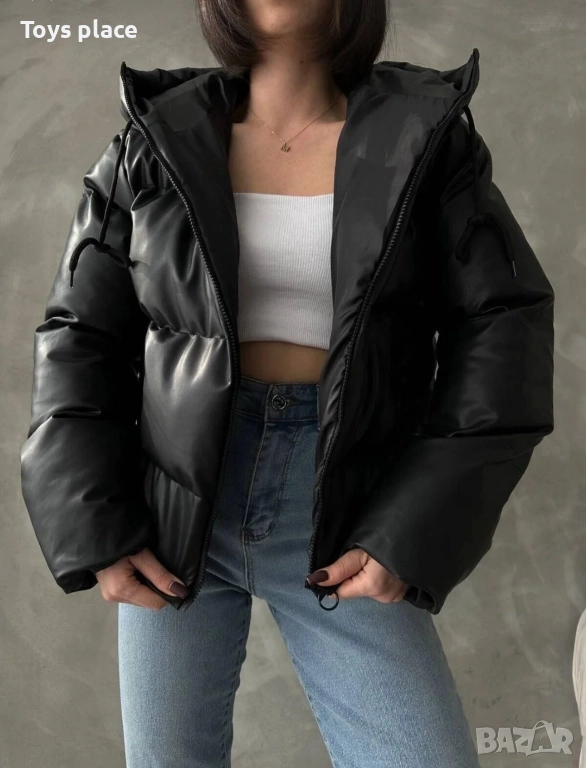 М MEECY Ново пухено кожено черно яке, зимно яке, снимка 1