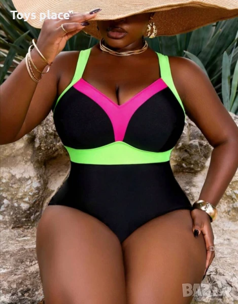 L/XL страхотен черен цял бански с неонови елементи , снимка 1