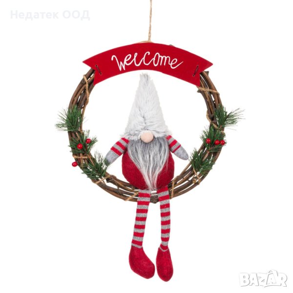 Коледна украса, Венец с гном, 30 см, снимка 1