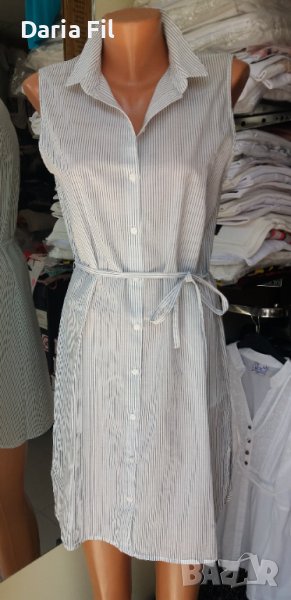 Рокля тип риза на тънко синьо-бяло райе с коланче , снимка 1