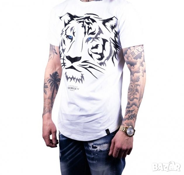 Бяла памучна мъжка тениска с тигър с кристали марка Avenue George V Paris - М, снимка 1