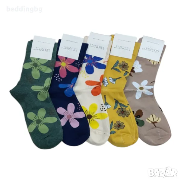 Цветни памучни #чорапи с флорален мотив (5 чифта), снимка 1