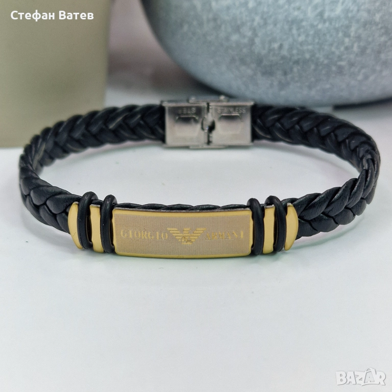 Мъжка кожена гривна Giorgio Armani от медицинска стомана, снимка 1