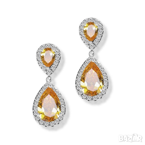 Обеци с цитрин и циркони, капки, посребрени, снимка 1