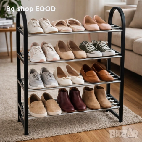 Поставка за обувки, Vilde, 4 отделения, 8-12 чифта, Пластмаса/Метал, Сребристо/Черно, снимка 5 - Етажерки - 53933245