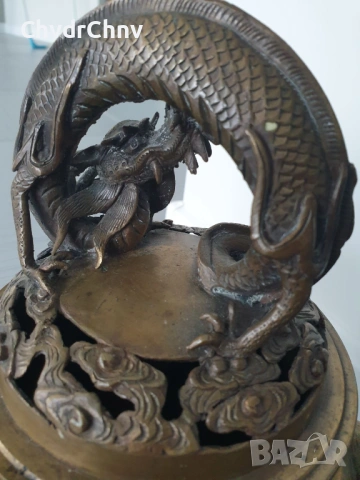Япония 19-ти век/стара японска бронзова кандилница с дракони, снимка 3 - Декорация за дома - 54091262
