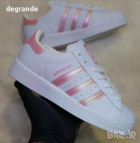 Adidas Superstar Бели с Розови Ленти, снимка 3 - Маратонки - 51646525