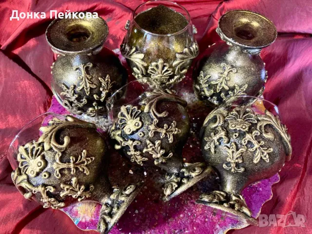 Ръчно изработен сервиз за коняк в старинно злато от 6 части, снимка 8 - Чаши - 48634672