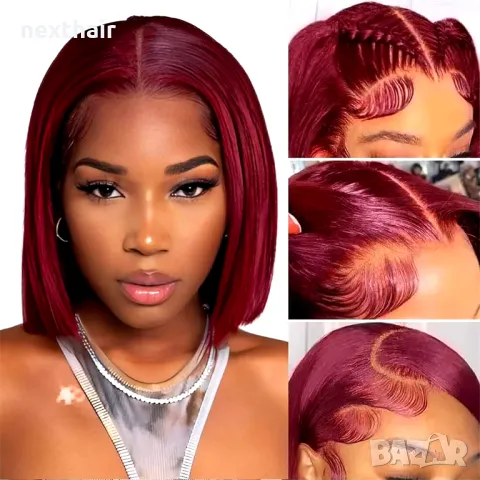 Естествена права 30 см тъмно червена перука с дантела 13x4 лейс фронт, снимка 8 - Аксесоари за коса - 47909140