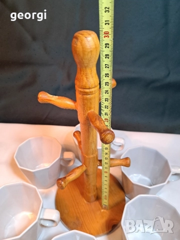 дървена стойка със шест порцеланови чаши за чай 28/5, снимка 7 - Чаши - 51965384