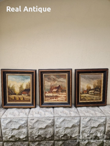 Прекрасен антикварен лот от 3 авторска картини масло върху платно , снимка 2 - Картини - 54214591