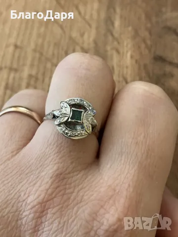 Пръстен паладий смарагд и диаманти, снимка 3 - Пръстени - 48714172