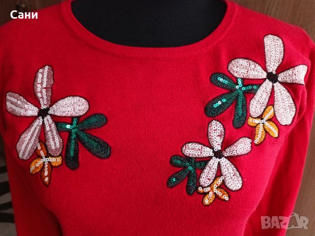 Червен пуловер на цветя, снимка 6 - Блузи с дълъг ръкав и пуловери - 38732761