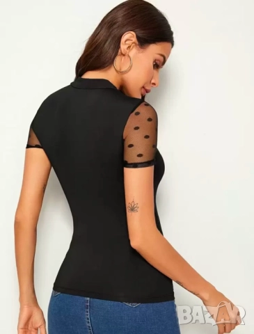 Черна блузка с къс ръкав и тюлено деколте, снимка 3 - Тениски - 51990272
