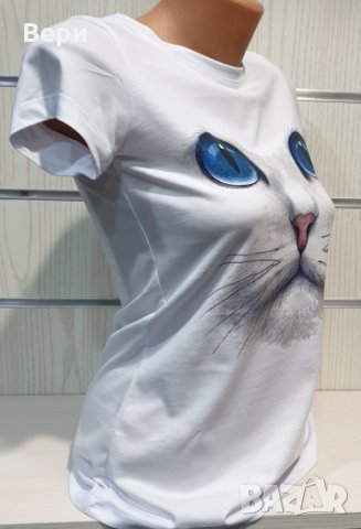 Страхотна нова дамска бяла тениска с 3D принт Котка със сини очи, снимка 12 - Тениски - 29126635