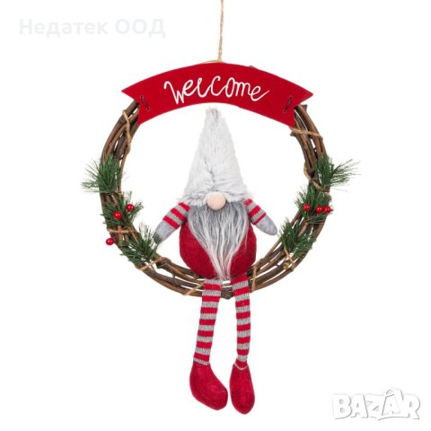 Коледна украса, Венец с гном, 30 см