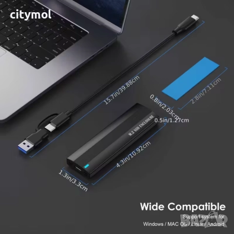 M.2 NVMe SSD кутия, 10Gbps, M.2 SSD към USB 3.1, кабел 2 в 1, Windows7/8/10/11, Mac OS, Linux,, снимка 5 - Други - 52225982
