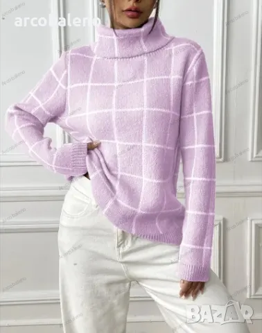 Дамски контрастен кариран пуловер с висока яка, 4цвята , снимка 7 - Блузи с дълъг ръкав и пуловери - 47979369