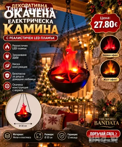 Декоративна окачена електрическа камина с реалистичен LED пламък