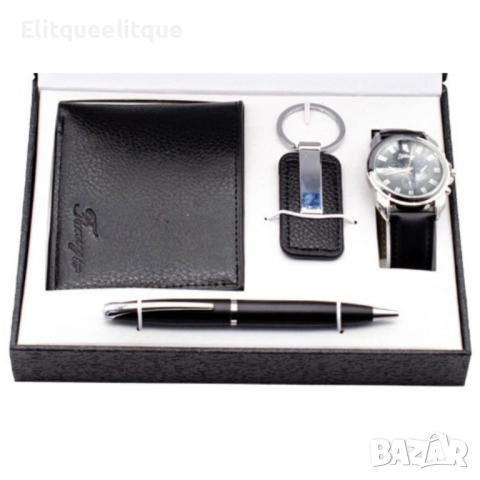 Елегантен мъжки комплект – Часовник, портфейл, химикал и ключодържател, снимка 4 - Бижутерийни комплекти - 52333641